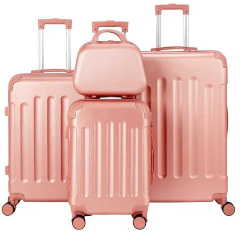 LEADZM Koffer Set 4 teilig Hartschale mit Kosmetikkoffer (Roségold) | Kofferset mit verstärkten Ecken, Reisekoffer mit Rollen Groß, Handgepäck aus ABS, Hartschalenkoffer Set, Koffer & Trolleys