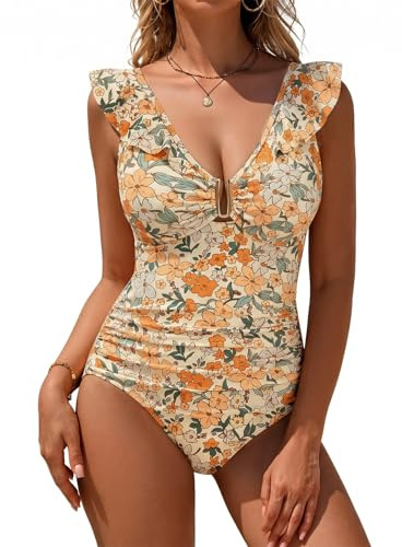 Vijamiy Costume Intero Donna Scollo a V con Chiusura Metallica a U Balze,Moda Modellante Curvy Sexy con Motivi Floreali Costumi per la Spiaggia e la Piscina