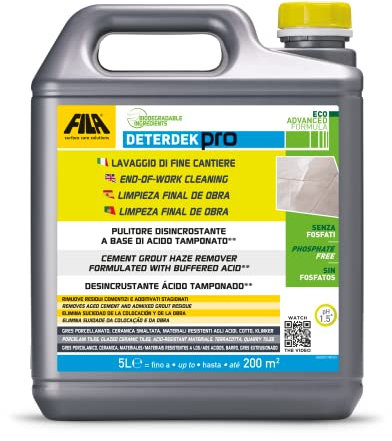 FILA Surface Care Solutions, DETERDEK PRO ECO ADVANCED, Disincrostante Acido Tamponato per Cantiere, Elimina Ruggine, Residui Cementizi e Calcare, 5L. Formula senza Fosfati