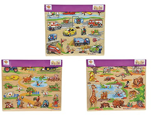 Eichhorn 100005454 - Plug-In-Puzzle 40x35cm mit 21-23 Plug-In-Teilen, Motive: Safari, Bauernhof, Verkehr, Lieferumfang 1 Stück, FSC 100% zertifiziertes Linden-Sperrholz, Sortierte Modelle