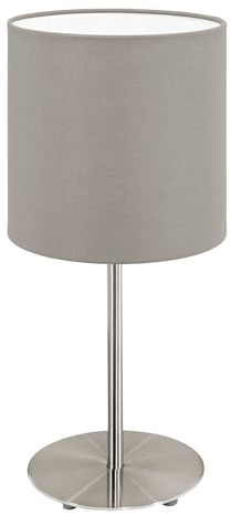 EGLO Tischlampe Pasteri, 1 flammige Textil Tischleuchte | Nachttischlampe aus Metall in Silber und Stoff in Taupe, E14 Fassung, inkl. Schalter, H 27,5 cm