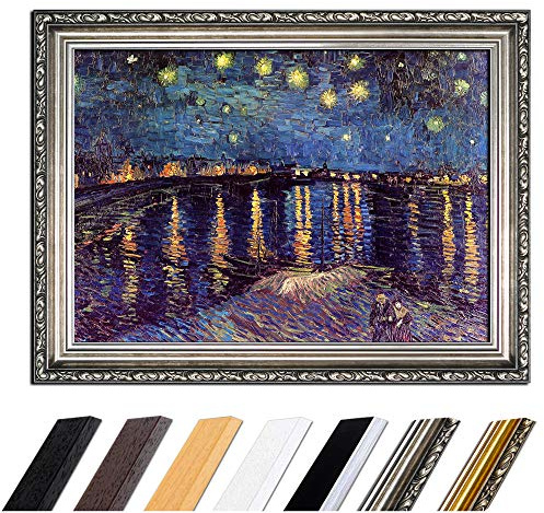 Bilderdepot24 Bild mit Rahmen - Vincent van Gogh Sternennacht über der Rhône 80x60 cm - Gerahmtes Leinwandbild Alte Meister - Antiker Rahmen Silber Barock, Klassisch
