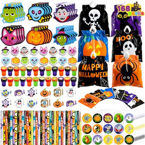 JOYIN 168 Pcs 24 Paquetes Set de Papelería Manualidades y Arte de Halloween, Regalo de Truco o Trato para Niños, Bolsa, Blocs de Botas, Sellos, Lápices, Pegatinas y Tatuajes Temporales