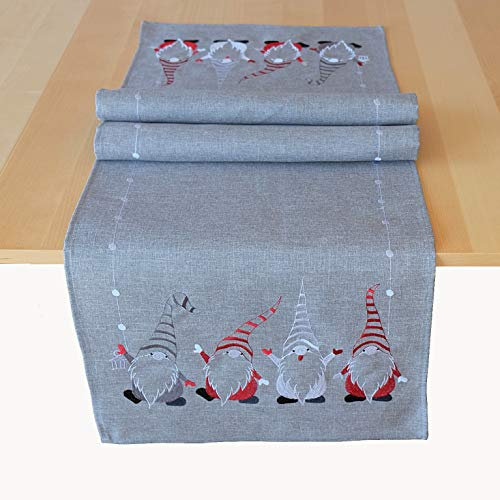 Tischwäsche mit Stickerei Motiv Wichtel Weihnachten Winter (40 x 140 cm, grau/bunt)