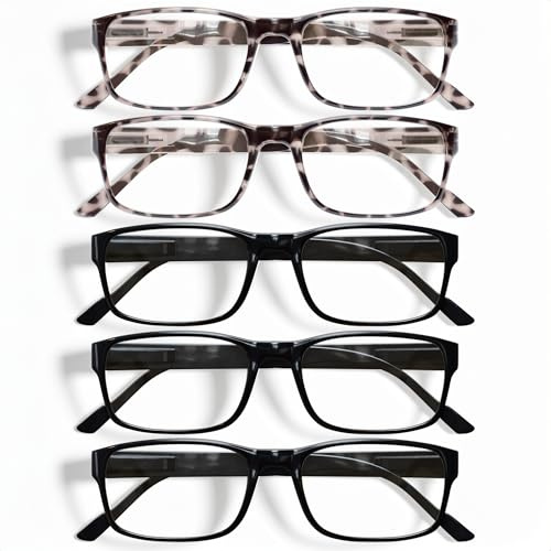 Gaoye Professionelle Lesebrille für den ganzen Tag – Computerbrille mit Blaufilter – Vorteilspack, (3 Hellschwarz + 2 Leoparden, 2.25+)