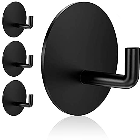 Rise age Adhesive Hooks Heavy Duty Waterproof in Shower Hooks for Hanging Loofah, Towels, Clothes, Robes for Bathroom Removable Adhesive Wall Hooks Door Hook Stainless Steel Black Stick on Hooks 4 Pcs