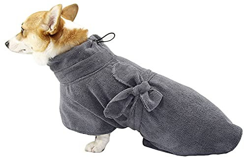Haustier Hund Bademantel Schnelltrocknende Wäsche Weiche Mikrofaser Bademantel Morgenmantel Hundehandtuch Badetuch mit verstellbarem Kragen & Gurt für Kleine mittelgroße Welpenhunde/Katzen Grau M