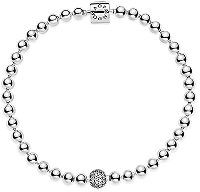 DOOLY 925 Sterling Silver pan Bracelet Smooth Beads & Pave Crystal Ball Bracelet Fit Bead Charm Diy Fashion Jewelry, 17cm