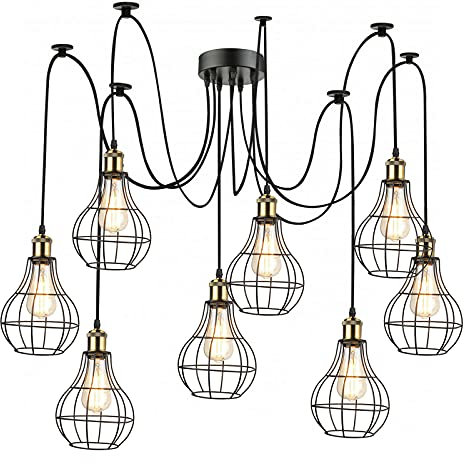 LEDSone Vintage 8 Kopflampe Spinne Lampe Pendelleuchte Höhenverstellbar Metall Schwarz Vase Käfig Lampenschirm Retro Industrie Deckenleuchter mit E27 Halterung Fassung (8 Kopf Schwarz Vase Käfig)