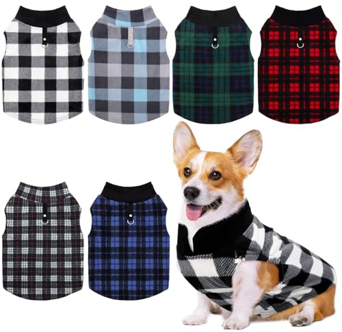 Pedgot 6 Pieces Warm Fleece Vest With Leash Ring - Dog Sweatshirt Winter Pet Clothes Plaid Pullover for Puppy Small Dogs Cat, Medium