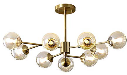 ZZZYZ Moderne 9-lumières Laiton Industrielle Spoutnik Lustre Unique Irrégulière Or Métal Pendant Light Sphérique Rond Verre Lumière Suspendue pour Cuisine-Abat-Jours en cuivre et Cognac 9 têtes