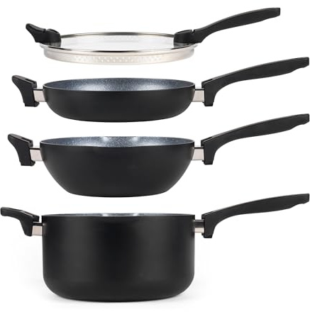 Russell Hobbs RH01840 stapelbares 4-teiliges Pfannenset, antihaft 24cm-Kochtopf, Wok, Bratpfanne und universeller Glasdeckel, PFOA-frei, Batch Cooking, platzsparend, Ausgießlippe, Induktion