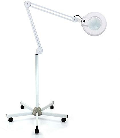 WSIKGHU Lámpara cosmética de 22 W, 5 dioptrías, lámpara con lupa regulable, lámpara LED con trípode y ruedas, giratorio 360°, altura regulable, lámpara de trabajo 5D