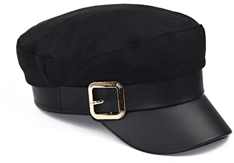 AnsonBoy Damen Schwarze Militärmütze Herbst und Winter Mode Wolle Leder Patchwork Ballonmütze mit Gürtel Damen