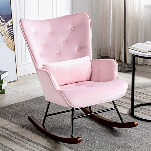 HomeMiYN Rocking Chair Confortable en Velours Rembourré avec Support Lombaire, Fauteuil à Bascule Allaitement Scandinave, Chaise à Bascule pour Salon, Chambre, Balcon, Chambre Bébé, Nursery – Rose