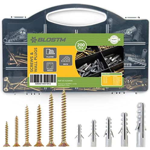 BLOSTM Screws and Wall Plugs Set 200 PCS - Heavy Duty Wall Plug & Wood Screws Assortment for Drywall, Chipboard, Plaster, Brick - Countersunk Pozidrive Head Screws for DIY, Mounting Shelves/Furniture