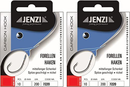 Set: 2 Packungen JENZI gebundene Forellenhaken (20 Stück) Mono,extra lang Sbirolino 200cm Spirolino Hakengröße, 4, 6, 8, 10, je nach Auswahl + gratis Petri Heill! Aufkleber (Hakengröße 8)