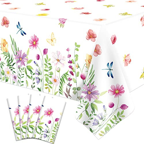Dvaorc Sommer-Tischdecke mit Blumenmuster, Wildblumen, Kunststoff, Einwegabdeckung für Hochzeit, Babyparty, Geburtstagsparty, Dekoration, 130 x 213 cm, 4 Stück