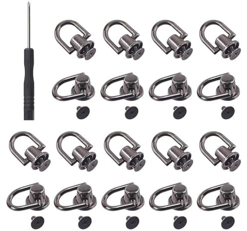 Keadic 21Pcs Black D Rings Rivets with Hole Punch and Screwdriver, 360 Rotatable Brass Post Head Buttons Studs Rivets Nails Chicago Stud Screw for DIY Leather Collar Belt Backpack Handbag