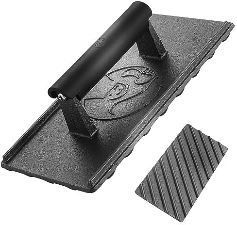 Non-stick cast iron burger press | Heavy duty grill press (1260g) with heat resistant handle | Meat weights for meat and fish | Suitable as smash burger/burger smasher/burger press