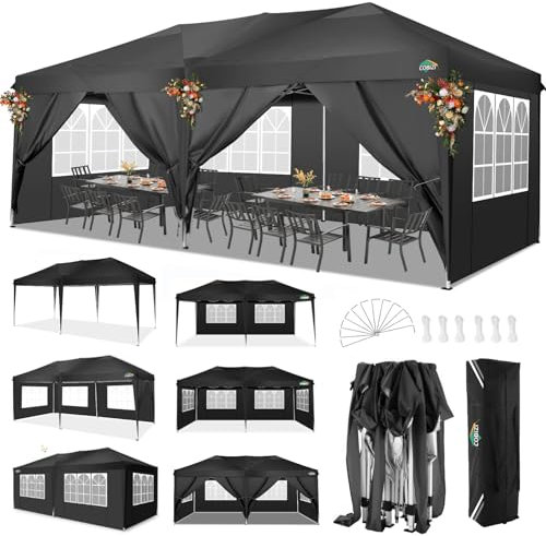 COBIZI Tonnelle Tente 3x6m Pliant Tonnelle de Jardin,étanche Pavillon Tente de réception pour Exterieur,avec 6 Parois Latérales, Protection UV,Réglable en Hauteur,Tente de Jardin 3x6m,Noir