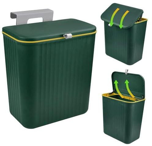 Abfalleimer, Mülleimer, 9L Mülleimer Küche Hängend, Mülleimer Mit Deckel | Küche Abfalleimer, Ohne Bohren Oder Auf Schranktür Hängen, Für Schlafzimmer, Schrank, Küche, Badezimmer (29*16*26cm, Grün)