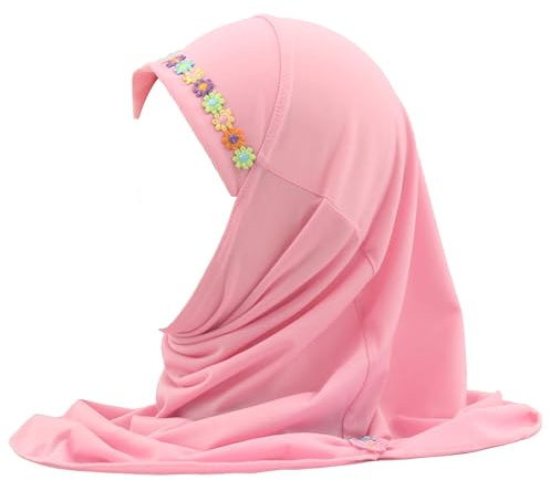 Girls Instant Hijab – Soft Kids Muslim Scarf with Flower, Breathable One-Piece Headscarf for Toddlers Age 2-8