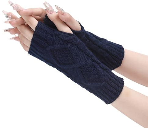UTTPLL Womens Fingerless Gloves Winter Warm Knit Arm Warmers Mittens Soft Hand Crochet Wrist Warmers Thumb Hole Gloves Navy Blue One Size