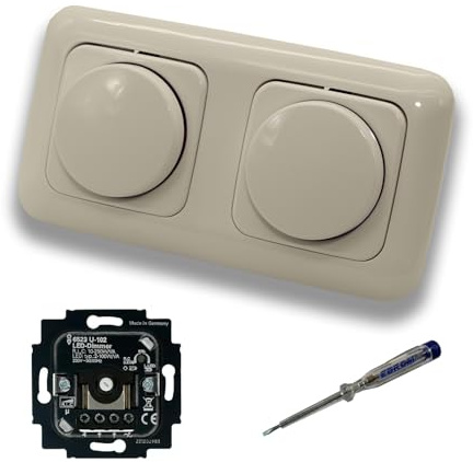 Busch Jäger 6523U-102 (2 Stück) LED Drehdimmer Dimmer + Dimmerscheiben 2115-212 in DURO2000 cremeweiß glänzend im 2-fach Rahmen inkl. EBROM Phasenprüfer zur Montage der Geräte 6523 U - 102
