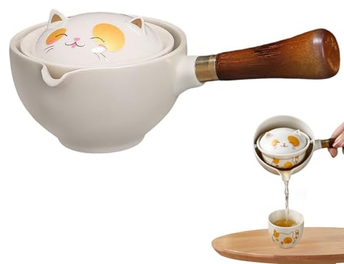 Wedhapy Teapot Rotation Tea Maker 360 Degree Rotation Cute Cat Ceramic Chinese Teapot with Detachable Strainer and Wooden Handle Tea Maker for Loose Tea Making Tool