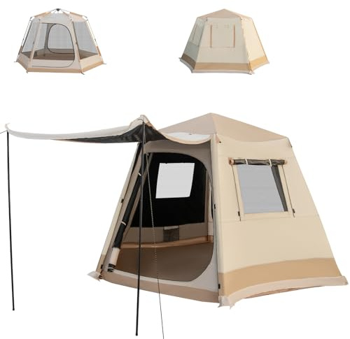 GOPLUS Tente de Camping Pop-Up pour 4-6 Personnes, avec Fixation Automatique, Double Couche & Double Toit, 2 Entrées &4 Fenêtres, Sac de Transport, Tente Familiale & Coupe-Vent pour Randonnées