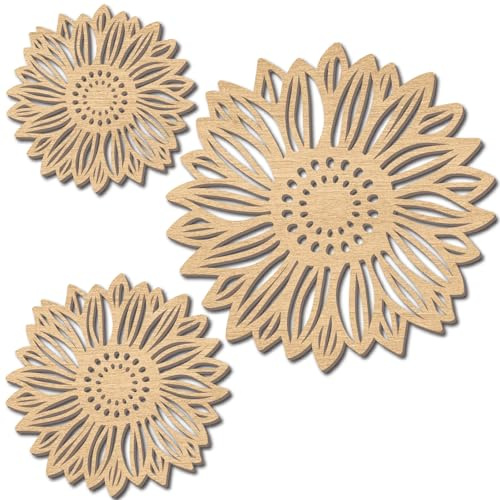 CREATCABIN 3 Stück Blumen Holz Wanddekoration Sonnenblume Wandkunst Dekoration Hängeset Aushöhlung Runde Blumenskulptur Lasergeschnittenes Holzschild Ornament Für Zuhause Schlafzimmer Galerie Büro