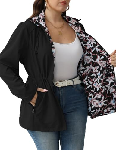 Geschallino Women's Casual Reversible Coat Plus Size Floral Print Windbreaker Lightweight Jacket with Hood 6132APLUS Black 4X