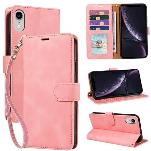 GOTOURED Pink Wallet Phone Case for iPhone XR, RFID Blocking 4 Card Slots, Wrist Strap, Kickstand, Magnetic Closure, Shockproof Protective, Soft Leather Flip Cover Case