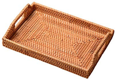 Pitadue Vassoio per Frutta Rettangolare Intrecciato A Mano Cestino Portapane in Rattan da Portata Artigianale con 2 Manici Classico retrò