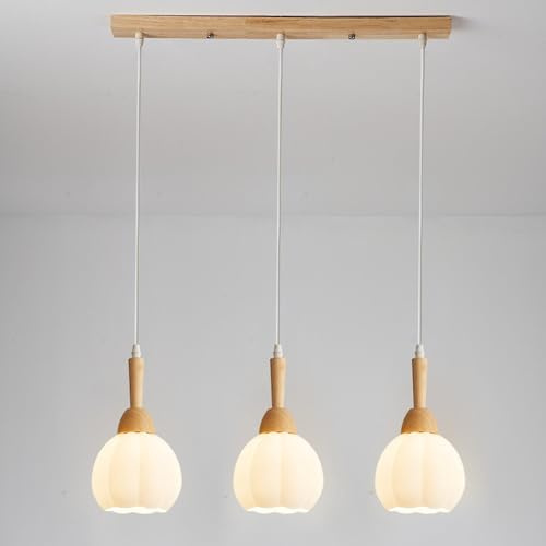 RXPVUXE Luces Colgantes de Madera Isla de Cocina, 3 Luces Comedor Lámpara suspendida Pantalla de Vidrio Blanco Leche, Lámpara Lineal de Madera Maciza Lámpara de Techo Colgante Retro Moderna Ajustable