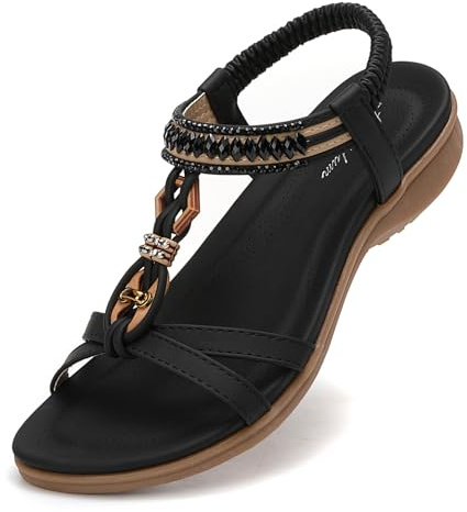 Littleplum Sandales Femme Mode Été Sandales Confortable Plates Strass Bout Ouvert Chaussures(Noir,40EU)