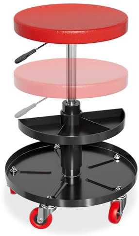 NAIZY Werkstatthocker mit Rollen Rund Rollhocker höhenverstellbar inkl. Werkzeuge Ablage, Kissen Montagerollbrett Arbeitshocker MAX bis 150KG, für Werksatt, Garage