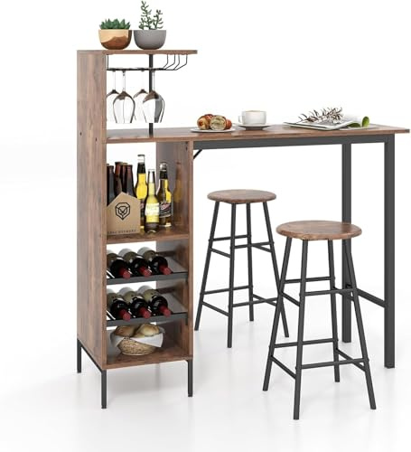 FANTASK Table de Bar avec 2 tabourets de Bar, en Bois, pour 2 Personnes, avec Supports pour café, comptoir de Cuisine pour Verres à vin et Bouteilles
