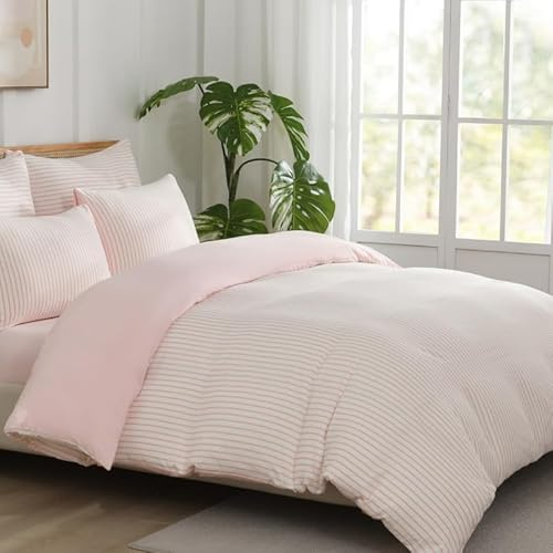 Gezu Parure de lit 4 pièces 220 x 240 cm - Rose et blanc - À rayures - 100 % microfibre douce et respirante - Housse de couette agréable de 220 x 240 cm - Avec 2 taies d'oreiller de 80 x 80 cm avec