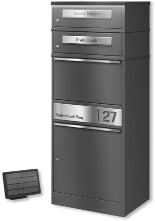 Metzler Paketbox mit Briefkasten und LED-Solarbeleuchtung in Eisenglimmer mit Gravur – wetterfest, abschließbar, robuste Edelstahl-Ausführung, große Kapazität, ideal für Mehrfamilienhäuser