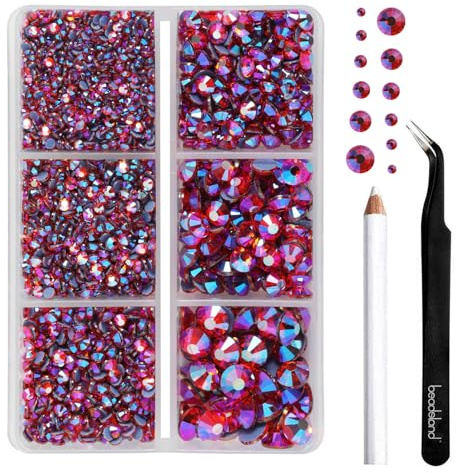 BEADSLAND Strass Termoadesivi, 4000 Pezzi Strass Hotfix Arancione AB per Abbigliamento Artigianato Misto 6 Dimensioni con Matita di Cera e Kit Pinzette, SS6-SS30, Giacinto AB