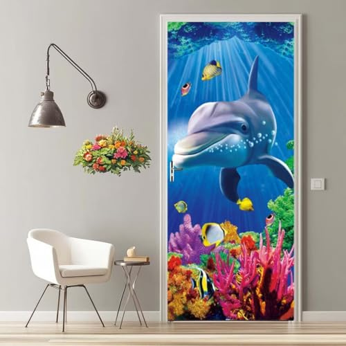 Türfolie Selbstklebend 3D Türaufkleber Delfin Tiefes Meer Türtapete Selbstklebend Türposter 90X200 Türverkleidung Türtattoo Poster Abnehmbar Fototapete für Wohnzimmer Schlafzimmer Küche Bad -MT1866
