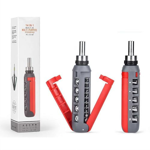 14-in-1 Ratcheting Screwdriver Set, Straight/Multi-Angle Socket Screwdriver, Easy Foldable Screwdriver Set Repair Tool for Home, Office, and DIY Projects (Red Straight Ratchet)