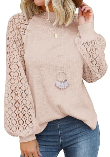 Zeagoo Chemisier Femme T-Shirts Manches Longues Élégante Waffle Tunique Dentelle Chic Col Rond Blouse Casual Tops