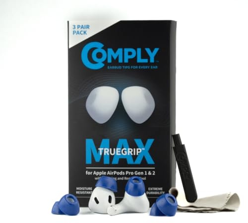 Comply TrueGrip MAX | Premium Memory Foam Replacement Earbud Tips for Apple AirPods Pro 1 & 2 | Long Lasting Comfort, MAX Durability, Secure Fit, Superior Noise Isolation| Blue (Medium) (3 Pairs)