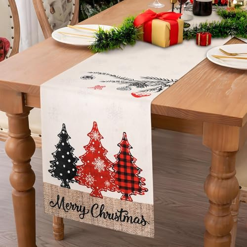 Camino de Mesa Navideño Blanco, Camino de Mesa de Lino con Patrónde Árboles, Copos de Nieve y Campanas para La Temporada Navideña, Temporada Festiva, Mesa Del Hogar, Decoración Navideña, 40 x 140 cm