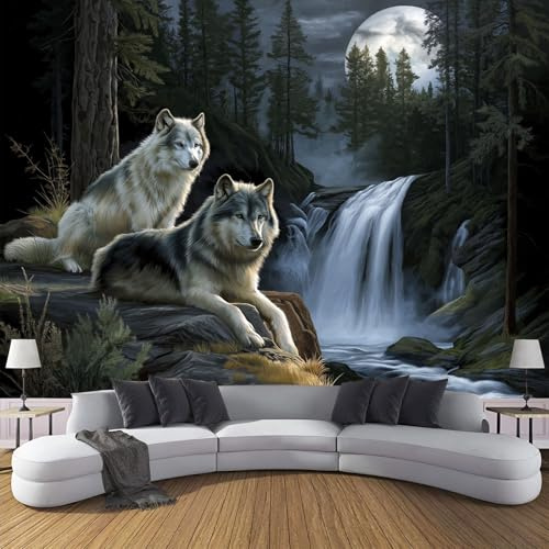 Carta da parati Lupo Foresta 200×140cm Fotomurali in TNT Murale alla Fauna Selvatica Cascate Decorazione da Muro XL Poster Gigante Design Carta pareti Soggiorno Nero