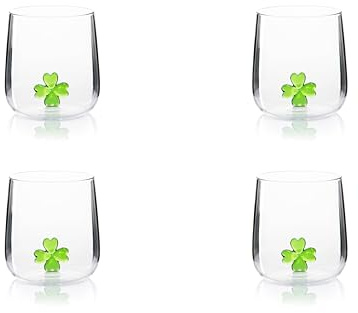 Excelsa Inside Set 4 Bicchieri in Vetro Borosilicato, Decorati a Mano con Soggetti Interni al Bicchiere, Trasparente, 450 ml (Quadrifoglio)
