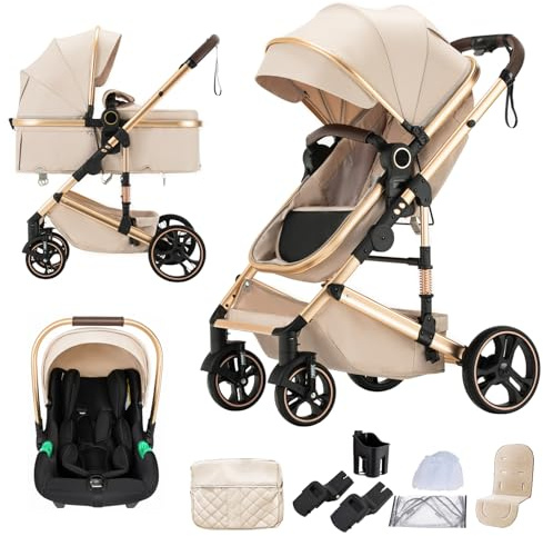 Shineey Kinderwagen 3 in 1, Alltags Buggy Faltbarer Kinderwagen Set, Kombikinderwagen 3 in 1 mit Großer Bequemer Babywanne, Laufwagen Rahmen Aluminiumlegierun (H9 BEIGE, H9)